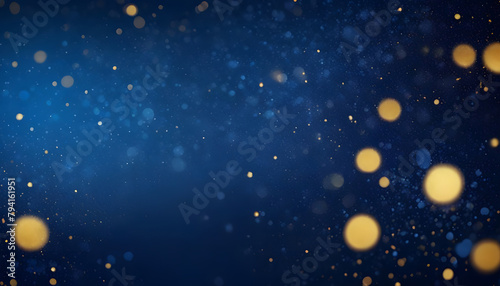 Background with Dark blue and gold particle, Christmas background with gold stars and sparkling, Christmas Golden light shine particles bokeh on navy blue background. Generative AI