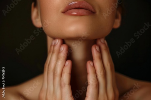 Cropped shot of young woman touching under the chin with hands massaging her face on dark brown background. Rejuvenation  facelift  face fitness. Exercises from the second chin  pelican neck