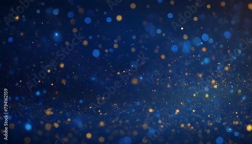 Background with Dark blue and gold particle, Christmas background with gold stars and sparkling, Christmas Golden light shine particles bokeh on navy blue background. Generative AI