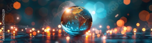 A glowing blue and green planet Earth sits on a reflective surface, surrounded by a bokeh of warm lights.