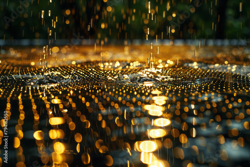 A canvas where droplets of water are arranged in a precise grid, each catching the light differently photo