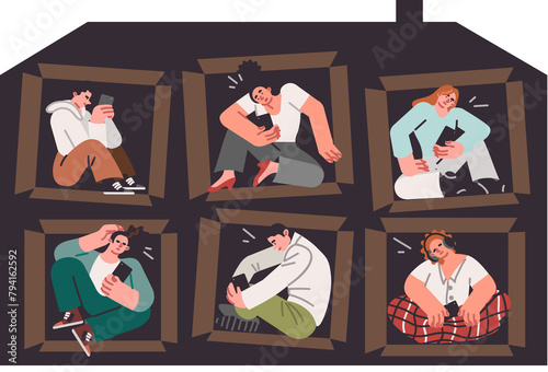 Canvas Print People with digital addiction are sitting in different rooms in house, using gadgets due to self-isolation