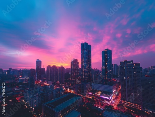 A city skyline with a beautiful sunset in the background. The sky is a mix of pink and purple hues, creating a serene and calming atmosphere. The city is bustling with activity, with cars