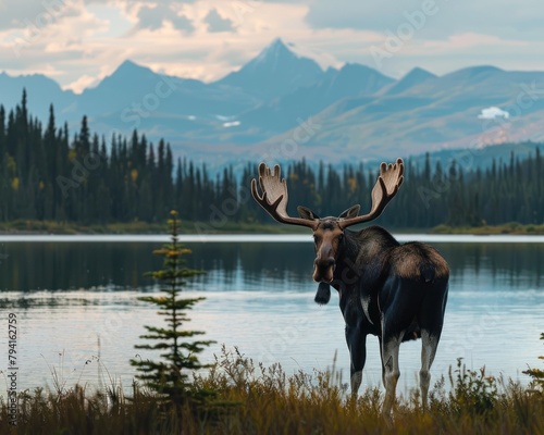 A large moose stands in a lake with a mountain range in the distance.