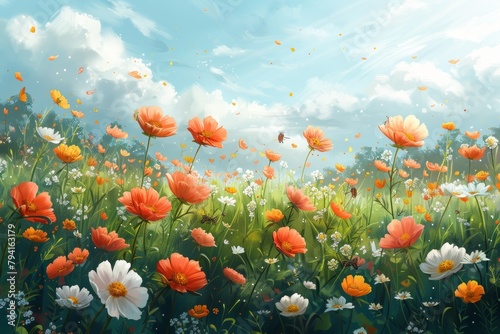 Cheerful spring meadow illustration  alive with flowers  buzzing insects  and the spirit of renewal. 