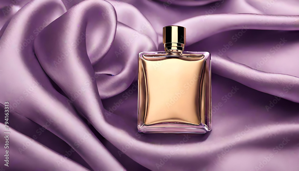a luxury perfume bottle on a purple silk fabric - product photo (generative AI) a luxury perfume bottle on a purple silk fabric - product photo (generative AI)