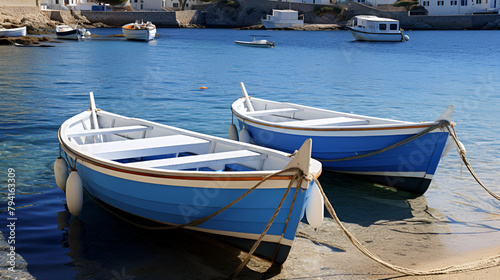 boats are standing on the bank of a river riverside and picturesque on a blue background photo