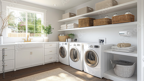 A white laundry room with a sink, washer, dryer, and baskets