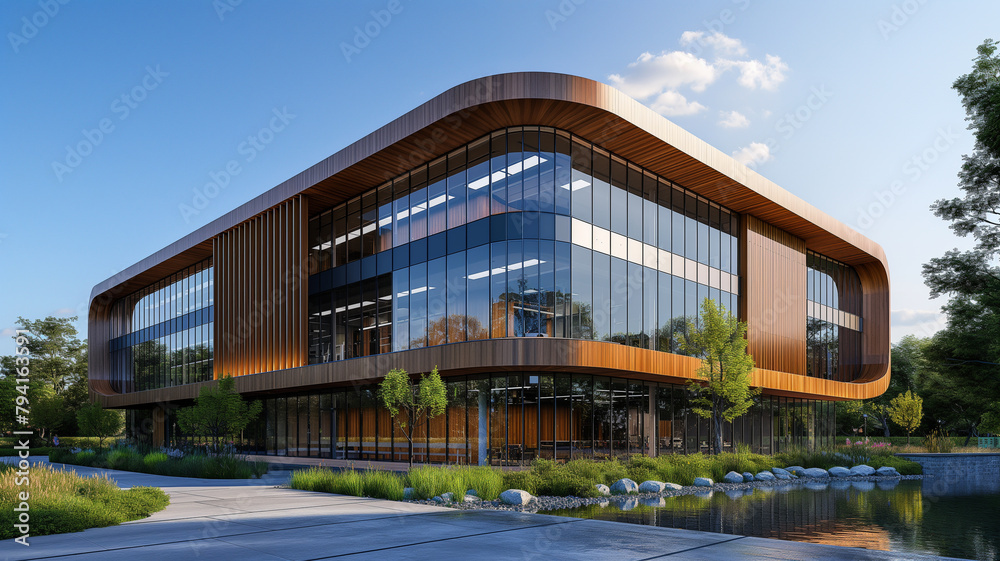 A large building with a lot of windows and a wooden facade