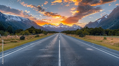 A long road with mountains in the background and a sunset in the sky. The road is empty and the sky is filled with clouds