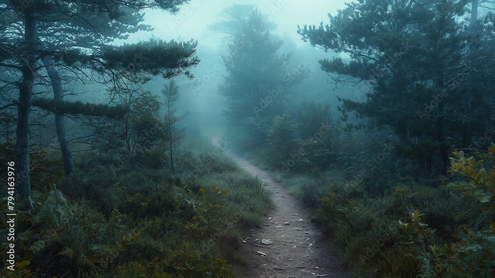 A forest path is shown in the dark with foggy trees A forest path is shown in the dark with foggy trees