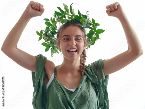 Jovem triunfante com uma coroa de folhas de oliveira.  photo