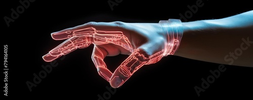 Striking visual of a hand model using a holographic device, focused and detailed to highlight cuttingedge technology photo