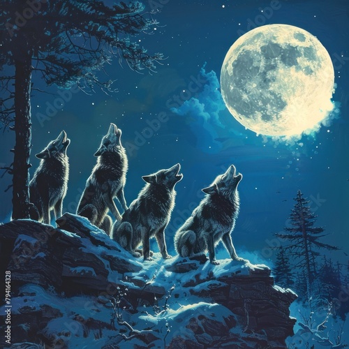 Four wolves howling at the moon in a winter forest.