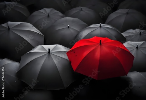 A red umbrella standing out among a sea of black umbrellas on a rainy day