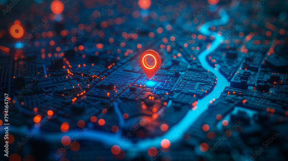 digital pin on a map, location system concept, created with generative AI technology digital pin on a map, location system concept, created with generative AI technology