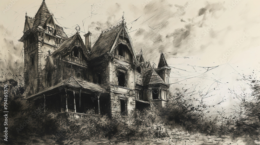 Abandoned House Black and White Ink Drawing on Canvas