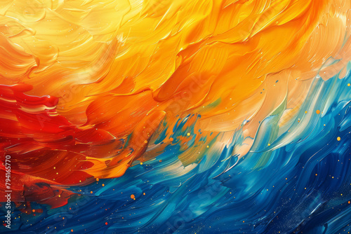 An abstract painting where brush strokes blend a series of cool blues into hot oranges, evoking a se