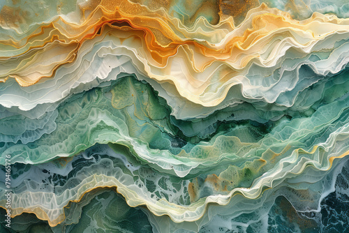 An abstract seascape where sgraffito techniques reveal underlying layers of color, simulating the oc photo