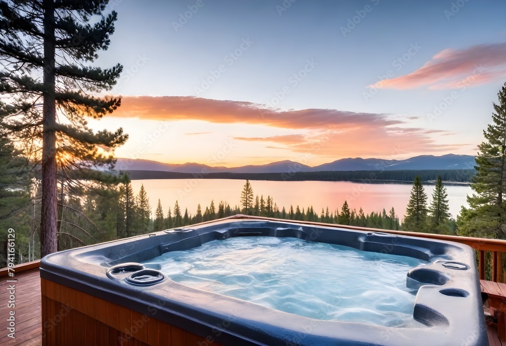 A hot tub overlooking a lake surrounded by pine trees at sunset. The hot tub is situated on a wooden deck with a beautiful view of the lake and mountains in the background.