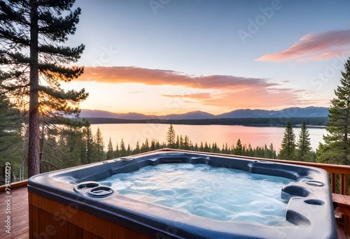 A hot tub overlooking a lake surrounded by pine trees at sunset. The hot tub is situated on a wooden deck with a beautiful view of the lake and mountains in the background. © Studio Art