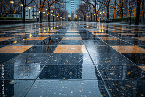 A city square paved in black granite tiles ranging from jet black to soft charcoal, creating a dynam photo