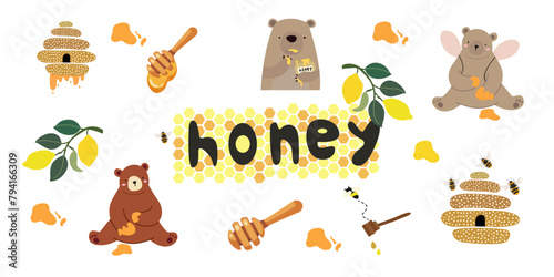 Set of sweet honey vector illustration, A bear with wings and paws stained with honey, brown cartoon bears,  bees, honeycombs, beehive, drops of honey. Flat cute vector illustration