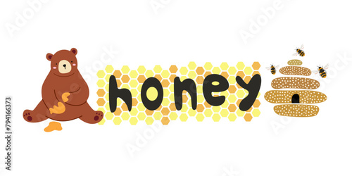 Honey calligraphy lettering text on a white background with brown bear. Concept for logo card, typography poster, print. Black inscription with a bee, bear and beehive photo