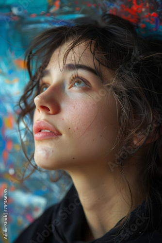 An expressionist portrait where the background is created with alla prima techniques, the rapid, unb photo