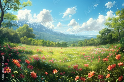 Enchanting spring meadow artwork: showcasing a tapestry of blossoms, greenery, and a sunny, tranquil ambiance. 