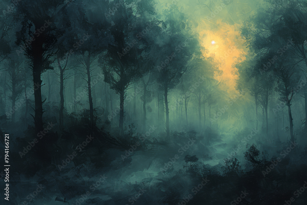 An illustration of a forest where the trees are painted with a wet-on-wet technique, creating an eth