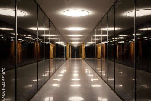 Modern indoor corridor with glass walls, round lights, polished floor, subtle decorations Reflective ambiance