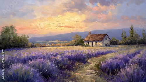 A painting of a house and a field of lavender