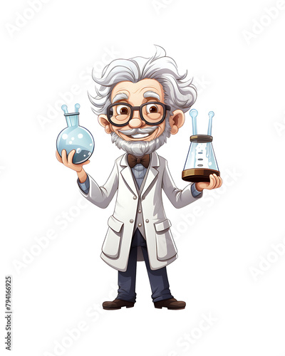 An enthusiastic cartoon scientist with gray hair, glasses, and lab coat, holding two beakers with colorful liquids. Generative AI