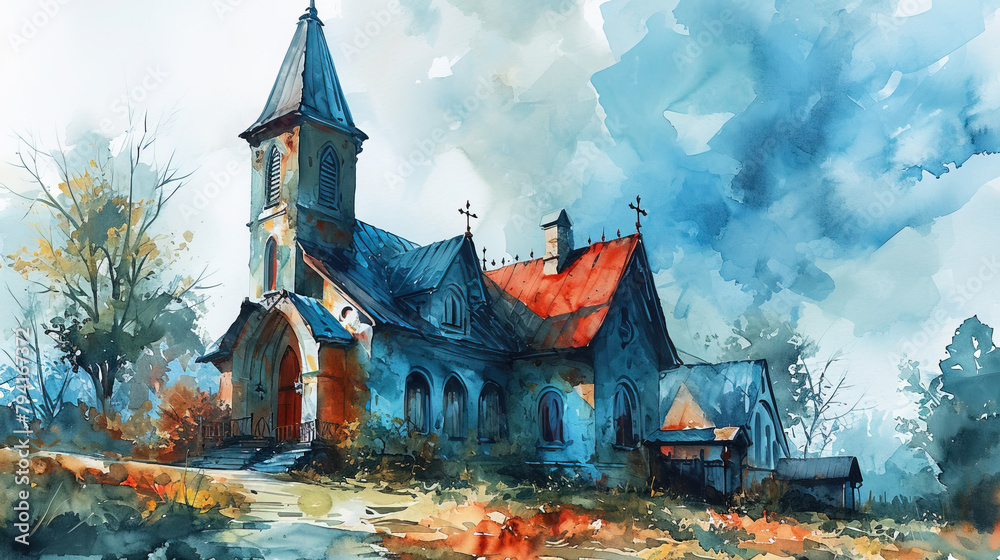 Landscape with Historical Abandoned Church At Mountains Oil Painting on Canvas