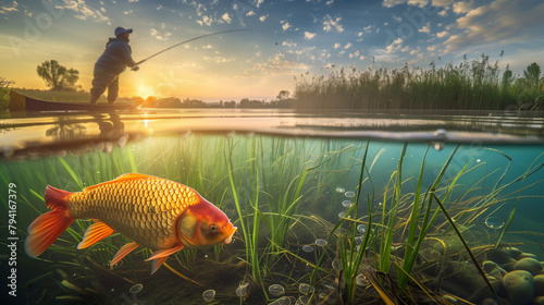Fisherman in action against a rising sun with an underwater view of beautiful fish and underwater vegetation. Collage.