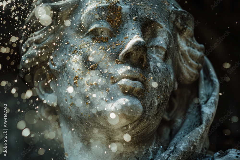 An image of acid rain impacting a limestone statue, with a chemical