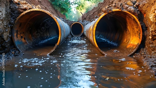 Installing underground sewer system pipes for wastewater disposal. Concept Underground Sewer System, Wastewater Disposal, Pipe Installation, Sewage Management, Utility Construction photo