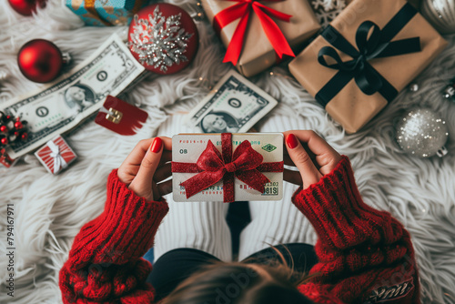 A woman is holding a red present with a bow on it and a stack of money. The money is in the shape of a dollar bill