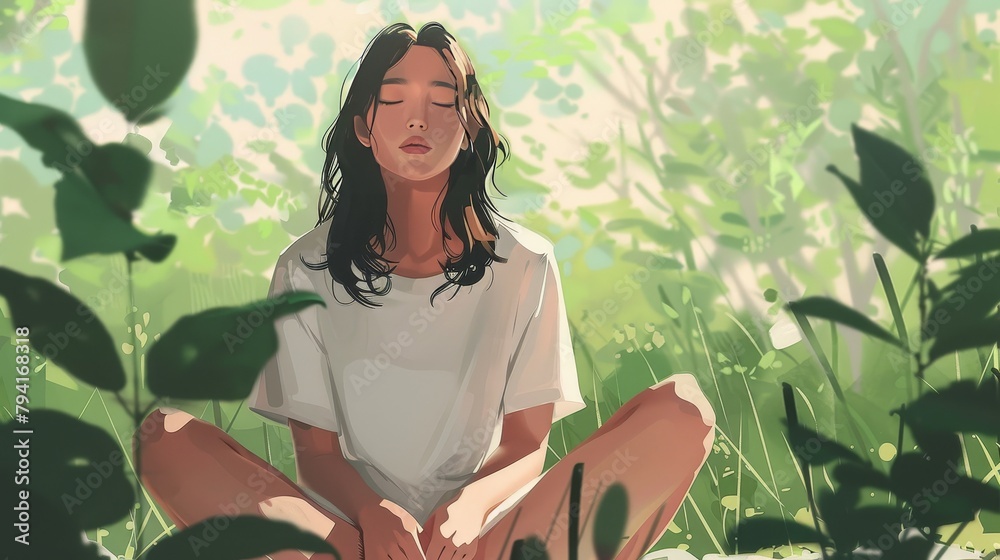 Young woman doing soothing techniques outdoors for anxiety illustration Young woman doing soothing techniques outdoors for anxiety illustration