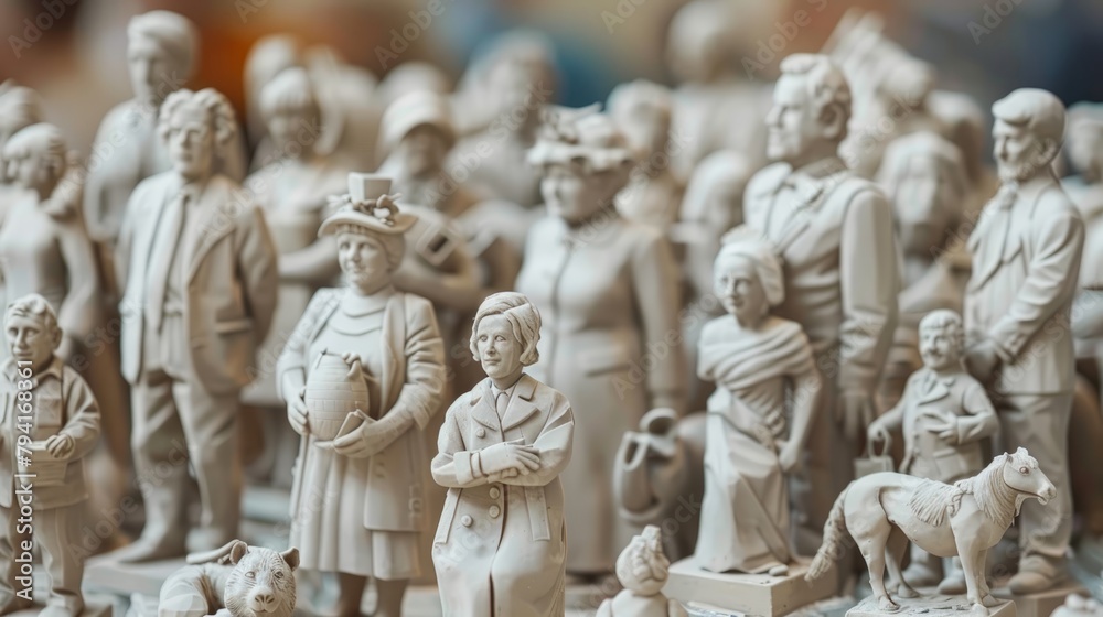 Assorted vintage porcelain figurines representing historical figures and animals on display, with a soft focus background.