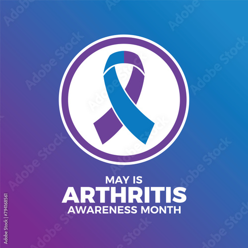 May is Arthritis Awareness Month poster vector illustration. Blue purple awareness ribbon icon in a circle. Template for background, banner, card. Important day