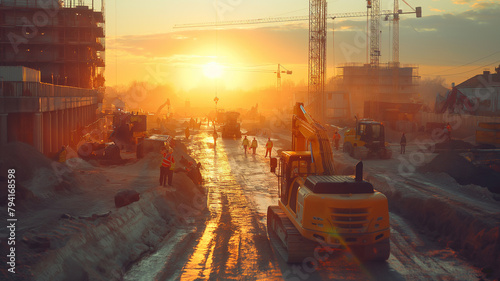 A construction site with a yellow excavator and a crane