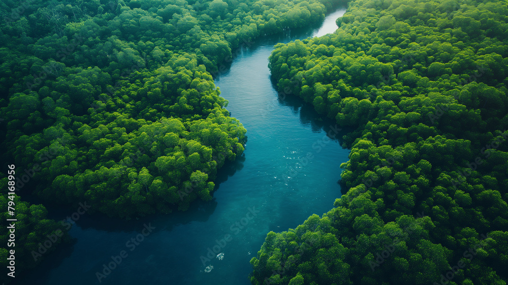 A river with a green forest on either side A river with a green forest on either side