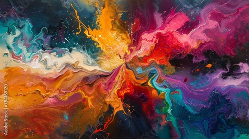 Colorful abstract painting with vibrant colors and a sense of movement.