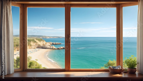 Seaside Serenity: A Window View of Coastal Charm, Perfect for Seaside Resorts and Vacation Spots - Relax Area Photo Stock Concept © Gohgah