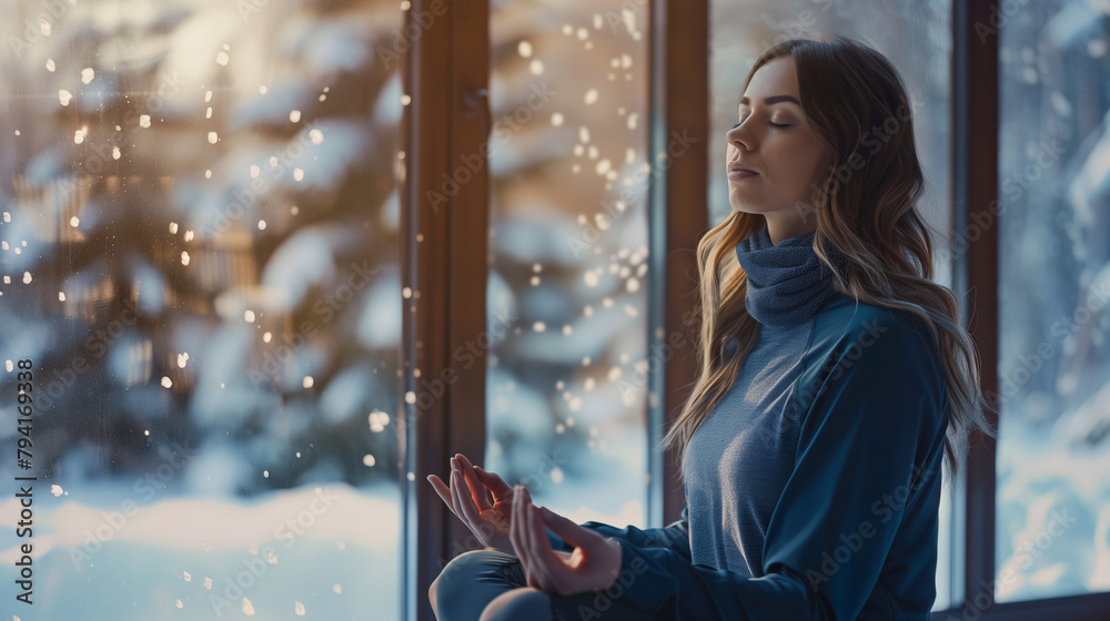 woman meditating in yoga pose backround snow landscape woman meditating in yoga pose backround snow landscape