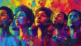 Colorful painting of several black men looking up.
