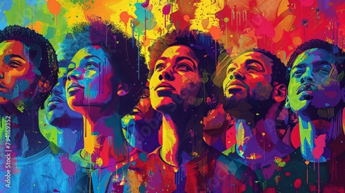 Colorful painting of several black men looking up. © Sodapeaw