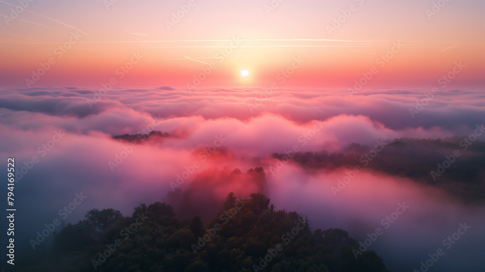 The sky is a beautiful pink color with a sun in the background The sky is a beautiful pink color with a sun in the background